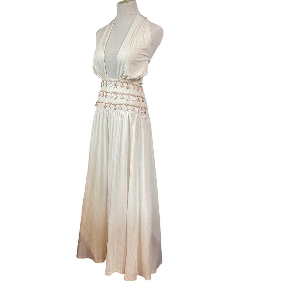 Vintage Maxi Dress Womens S Shell Embellished Halter Plunging Cream Mermaidcore - Picture 2 of 7